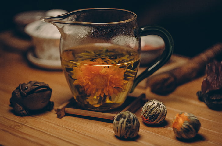 Flowering Tea Pot, yellow, selective focus, brown, tea  hot drink