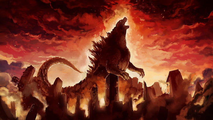 Godzilla 2, low angle view, godzilla, dramatic sky, growth Free HD Wallpaper