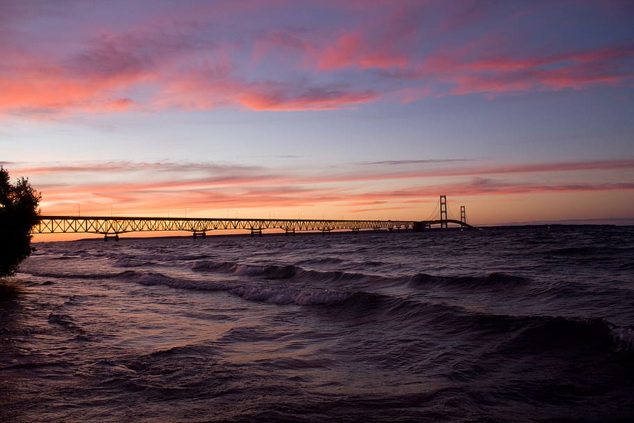 Mackinac Bridge Northern Lights, peninsula, beauty in nature, scenics  nature, sea