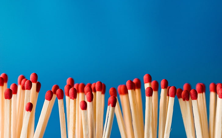 Match On Fire, red, matchsticks, beige, blue background Free HD Wallpaper