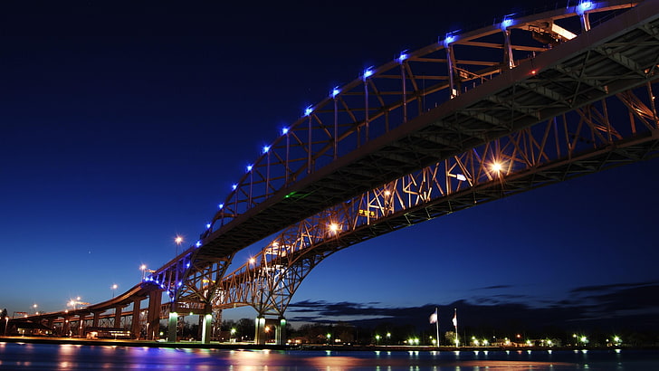 michigan, bridge  man made structure, illuminated, international Free HD Wallpaper