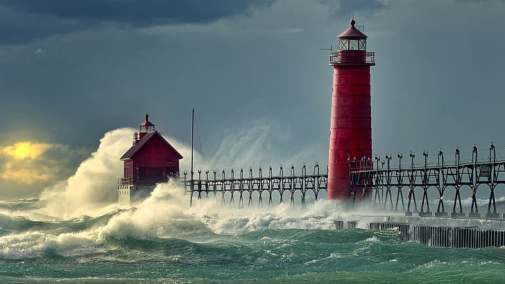 michigan, sea, lighthouse, tower Free HD Wallpaper