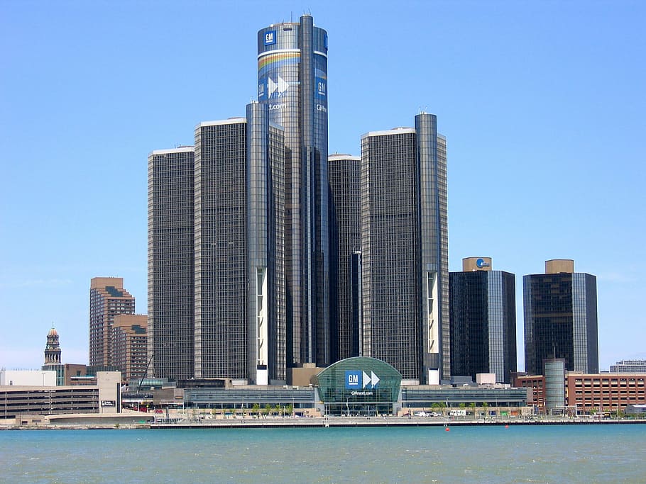 Renaissance Center Detroit MI, michigan, nature, modern, water Free HD Wallpaper