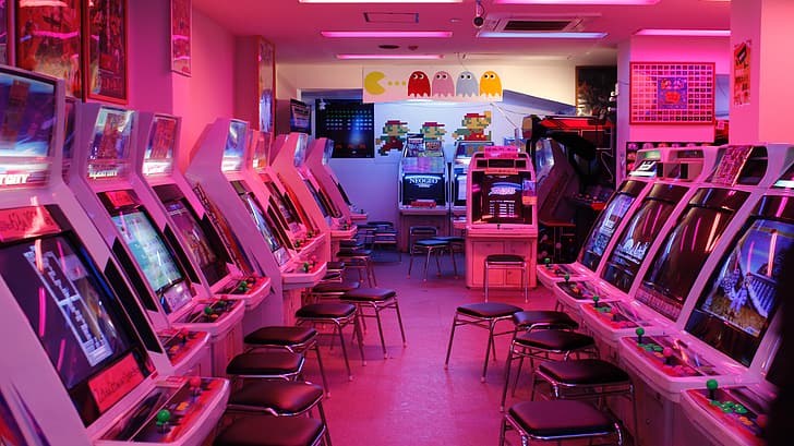 Small Arcade Machine, retrowave, video games, Retrowave, arcade Free HD Wallpaper