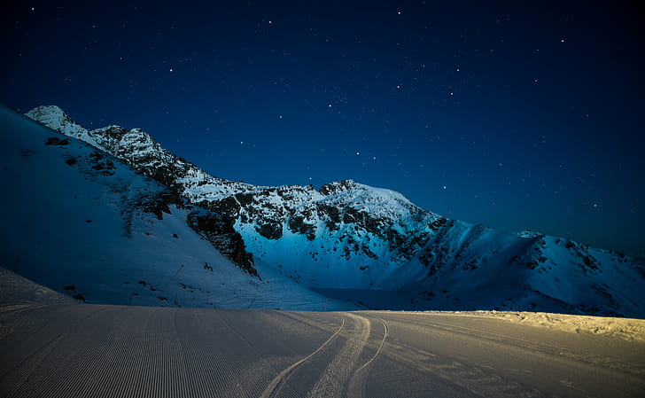 Snow at Night Photography, grass, water  sky, ski, field Free HD Wallpaper