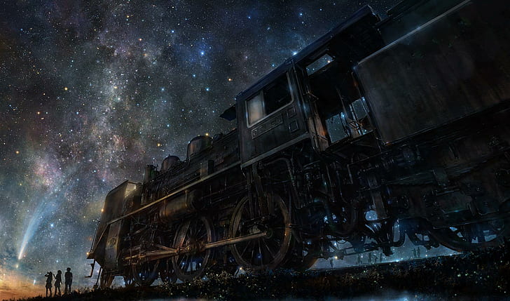 starry, night,, train, with Free HD Wallpaper