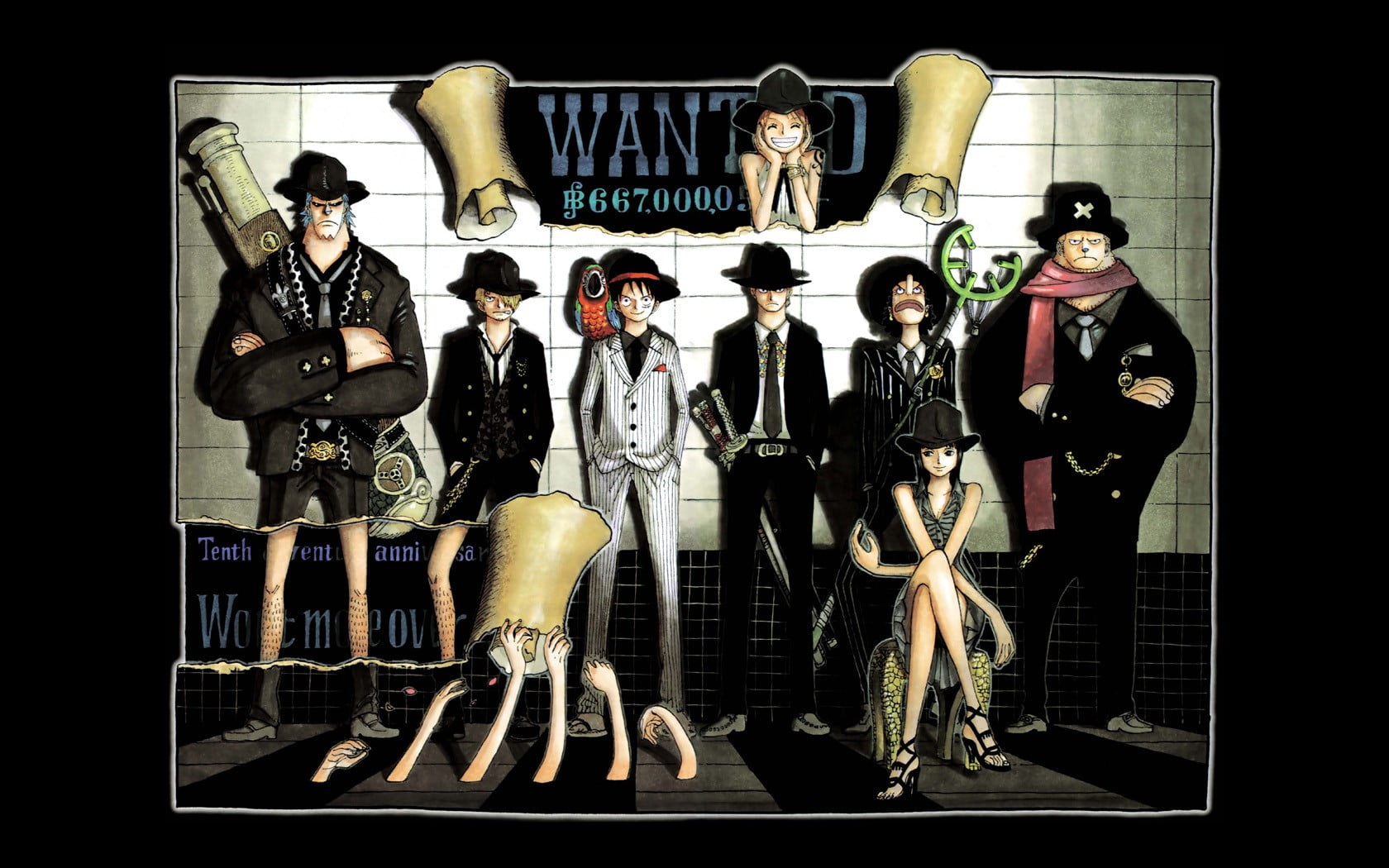 Straw Hat Crew Bounties, digital composite, full length, black background, still life