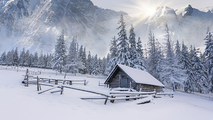 Winter Cabin Landscape, mountain, shack, tree, cloud Free HD Wallpaper