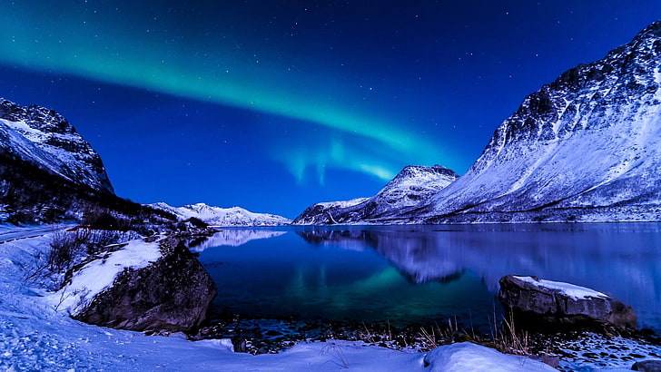 Winter Night Sky Northern Lights, arctic, reflection, winter, freezing Free HD Wallpaper