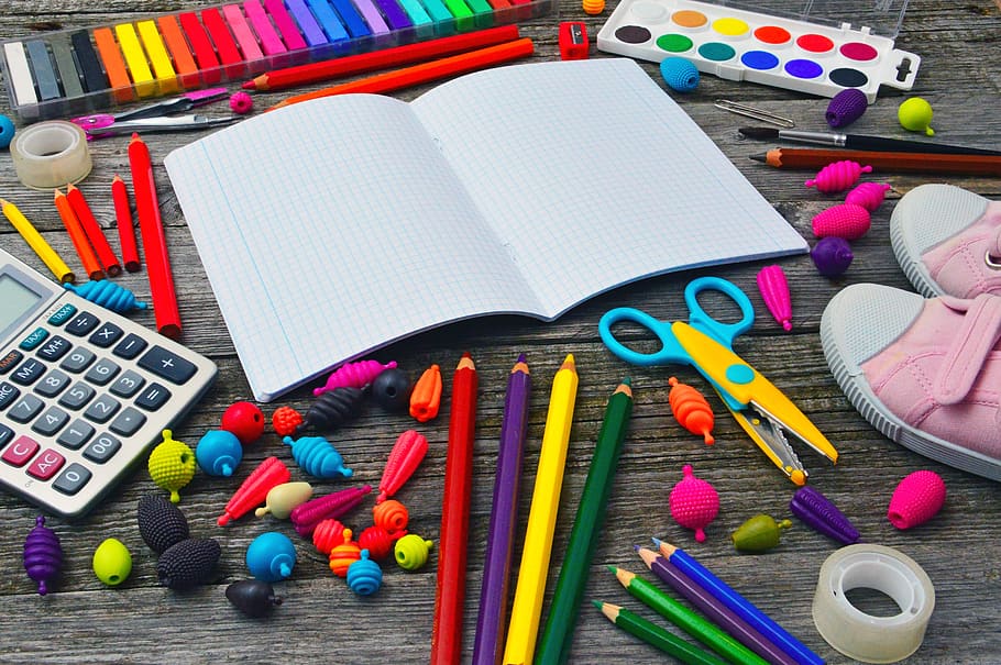 Back School Supplies, still life, learning, art and craft equipment, variation