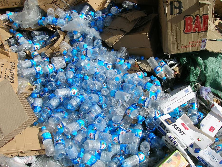 Biodegradable Water Bottle, environment, plastic bag, recycling, high angle view Free HD Wallpaper