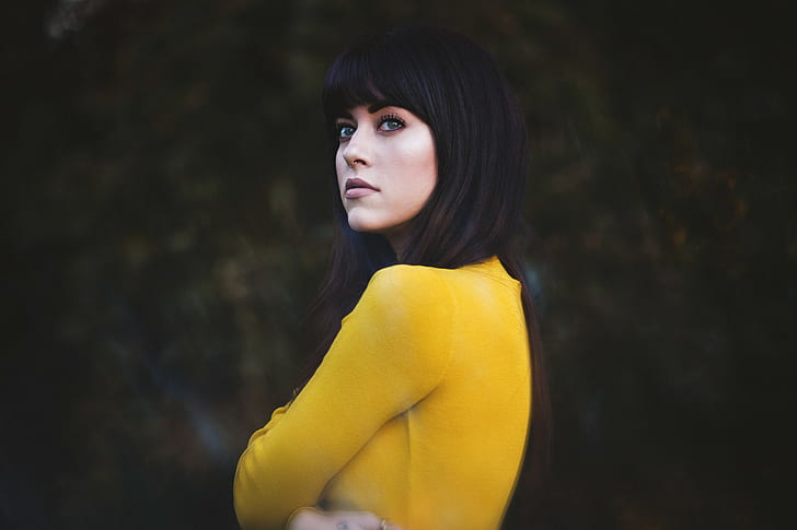 brunette, yellow clothing, nose rings, looking away