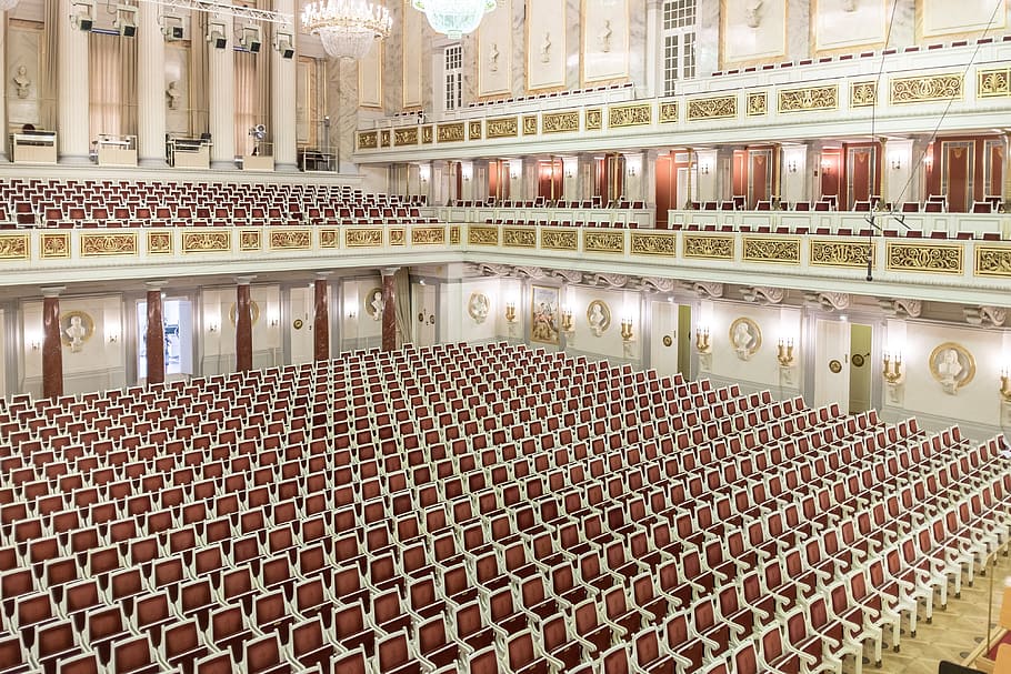 Empty Concert Stage Design, large group of objects, seating, no people, opera