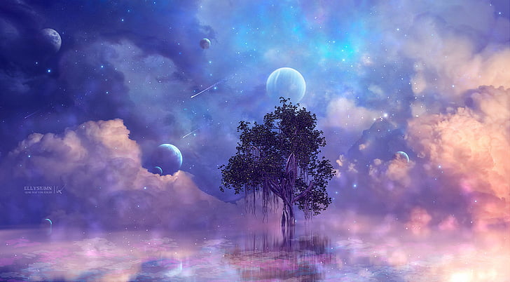 fantasy, blue, tree, starry sky Free HD Wallpaper