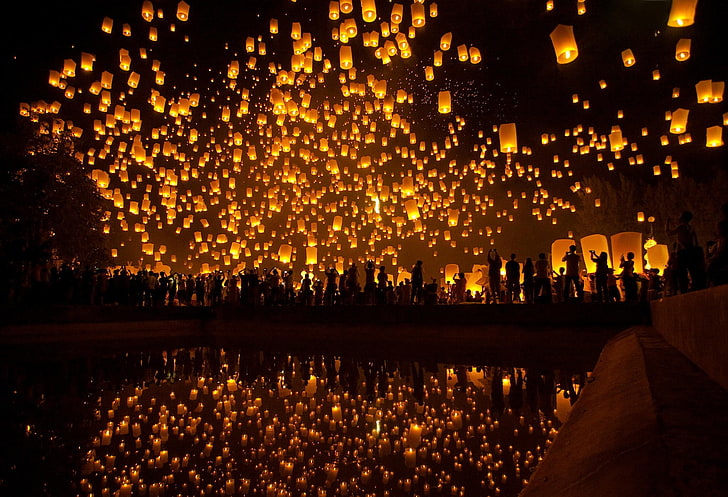 Floating Chinese Sky Lanterns, crowd, celebration, traditional festival, night Free HD Wallpaper