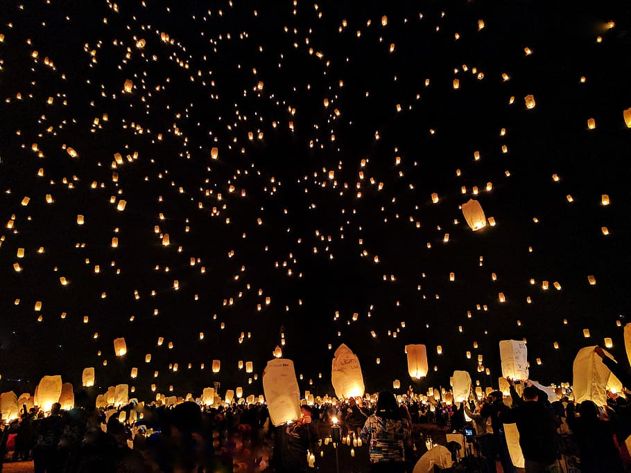 Floating Lanterns, religion, illuminated, dark, real people Free HD Wallpaper
