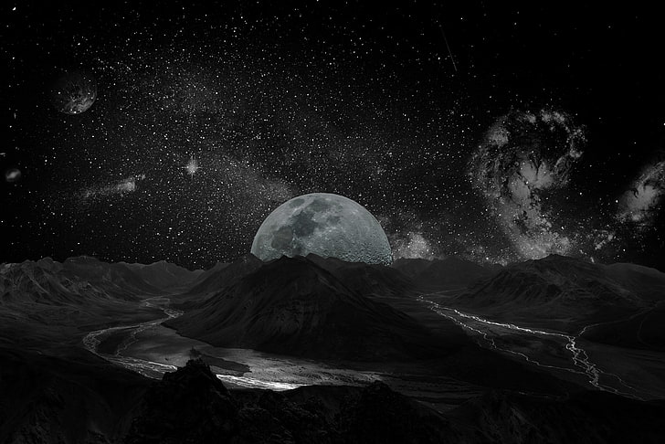 Moon and Stars, glowing, nonurban scene, illustration, tranquility Free HD Wallpaper