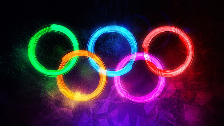 Olympic Rings, neon colored, night, multi colored, dark Free HD Wallpaper