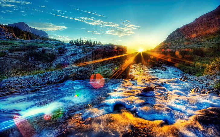 sunlight, green color, river, stream Free HD Wallpaper