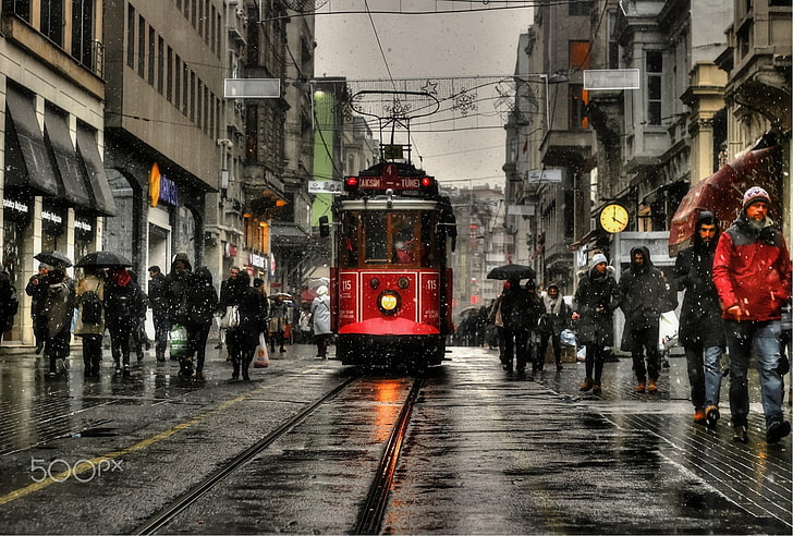 Taksim Square Istanbul/Turkey, built structure, water, real people, rainy season Free HD Wallpaper