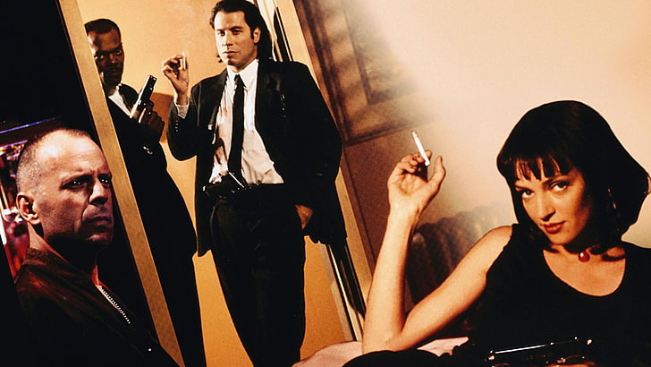 Travolta Pulp Fiction, sitting, small group of people, samuel l jackson, crime Free HD Wallpaper