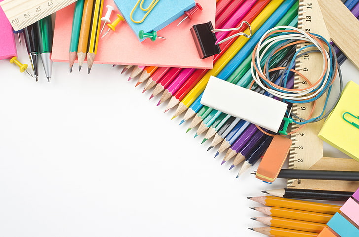 Unique School Supplies, copy space, book, still life, school Free HD Wallpaper