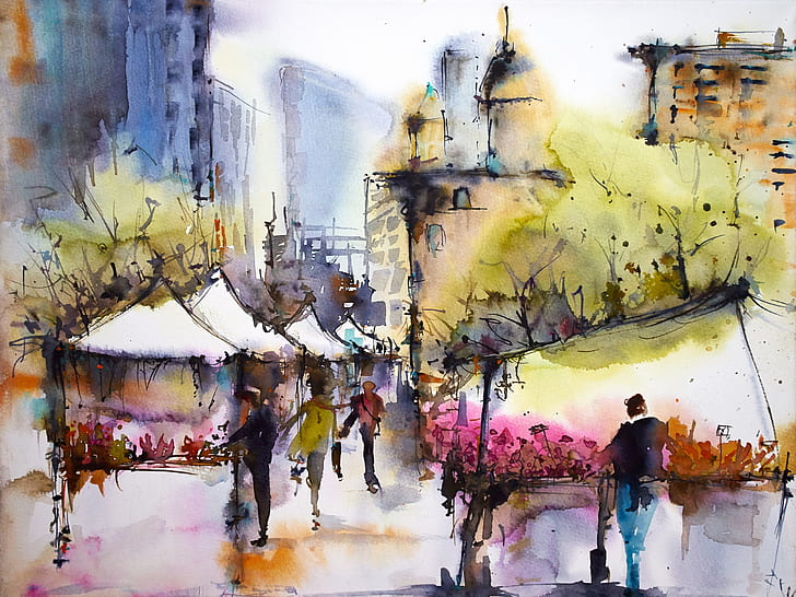 Beautiful Art Watercolor Paintings, market, march, painting, city