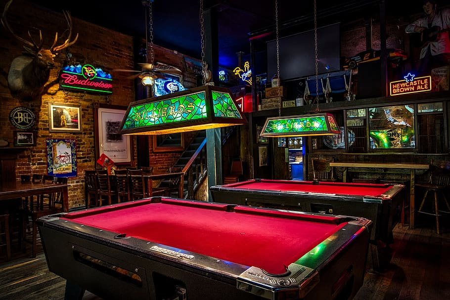 Pool Table Chandelier, neon, bar  drink establishment, lighting equipment, game