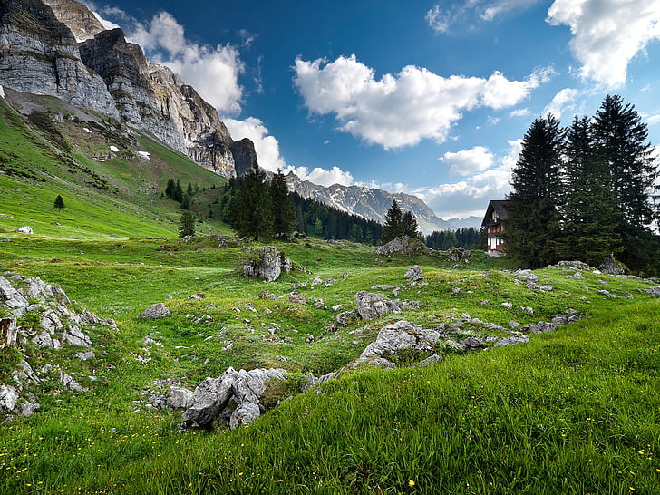 Swiss Alps Cabins, rocks, the alps, the sky, trees Free HD Wallpaper