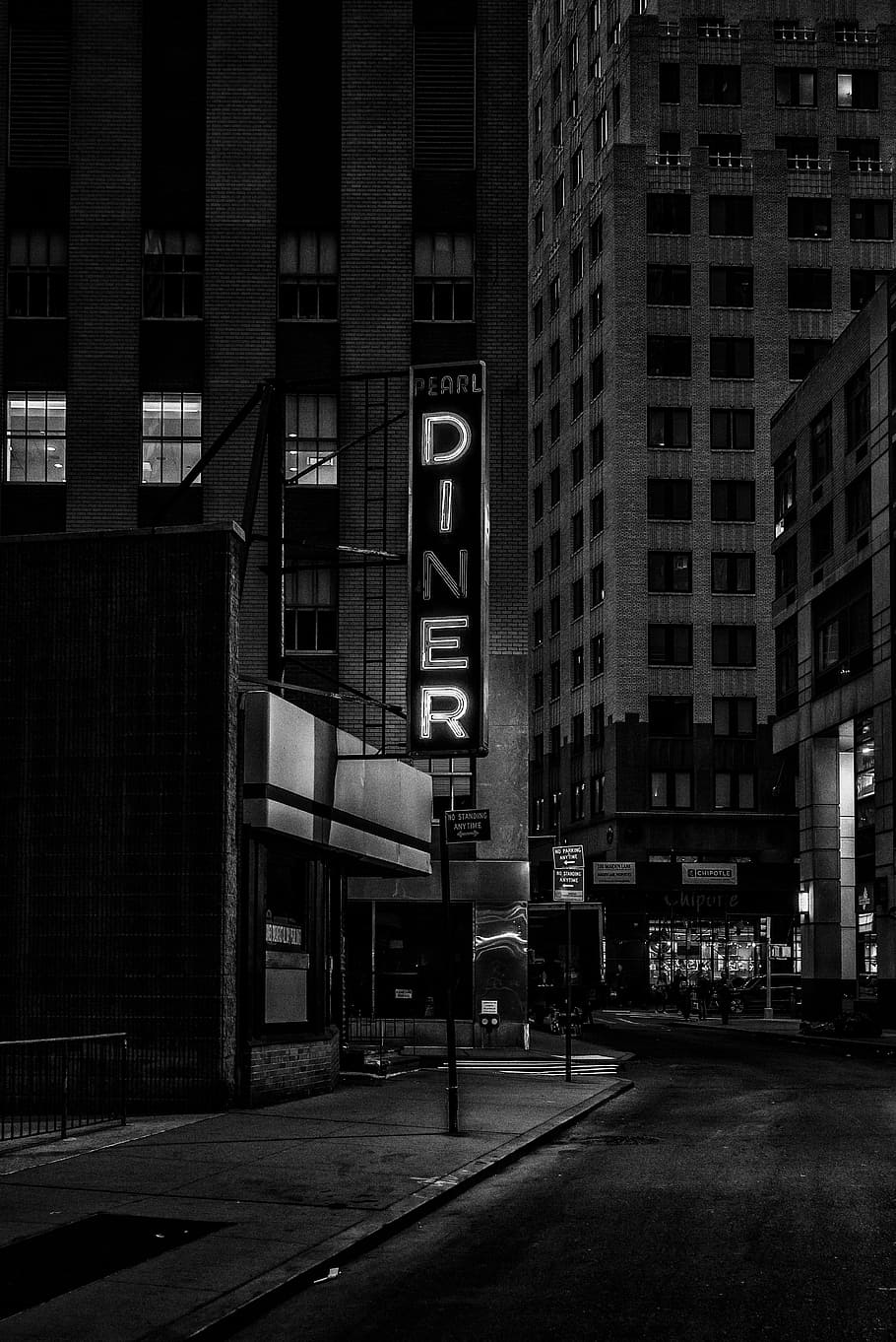 50s Diner, skyscraper, outdoors, black and white, high rise building Free HD Wallpaper