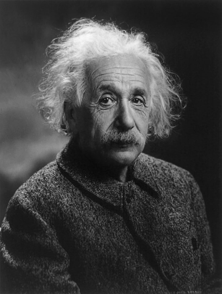 Albert Einstein Discovery, sweater, white hair, indoors, serious