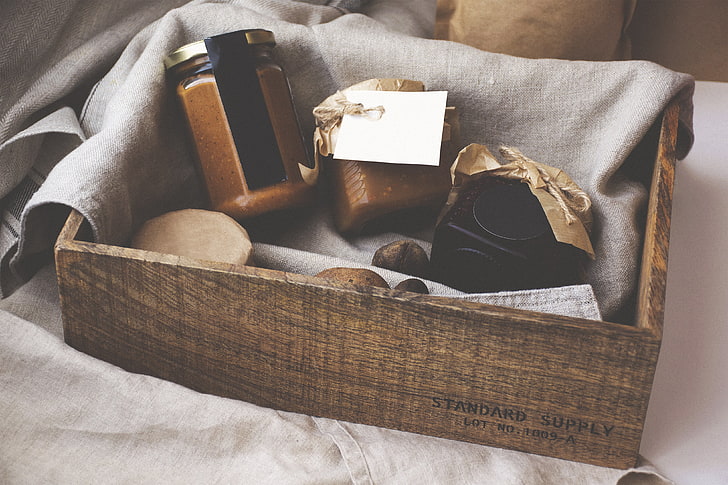 brown, box  container, book, bed