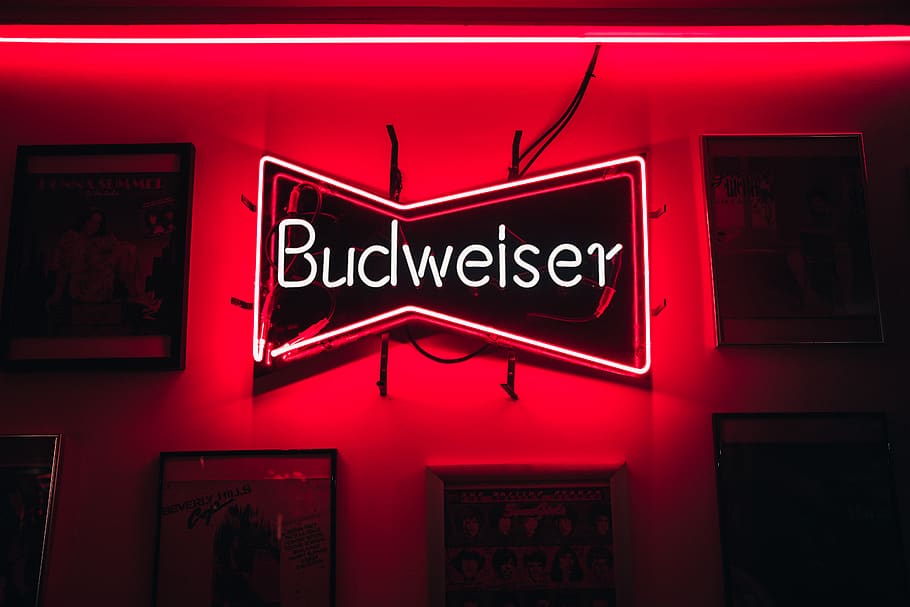 Budweiser Neon Beer Signs, closeup, illuminated, nightlife, outdoors