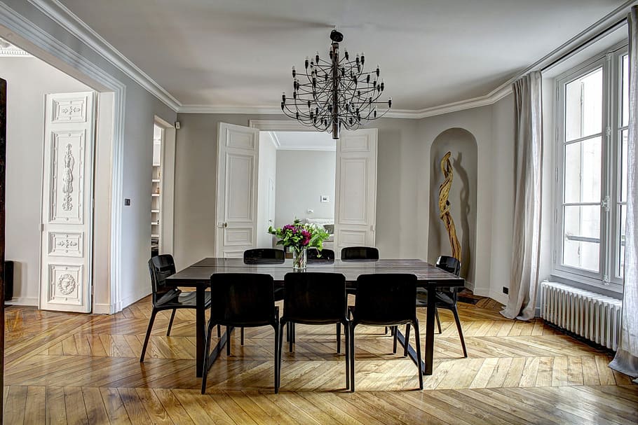 Dining Room Table with Banquette, building, chandelier, no people, white color Free HD Wallpaper