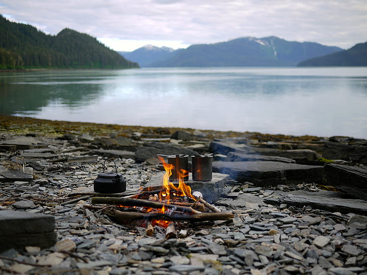 dinner, campfire, lake, camping Free HD Wallpaper