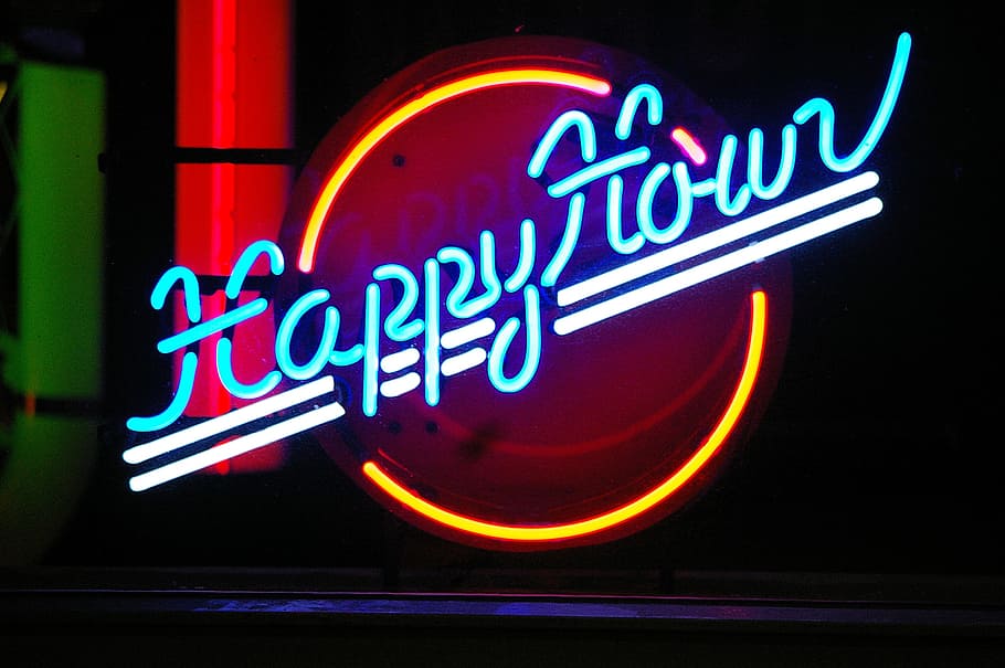 Happy Hour Time, commercial sign, happy hour, text, no people Free HD Wallpaper
