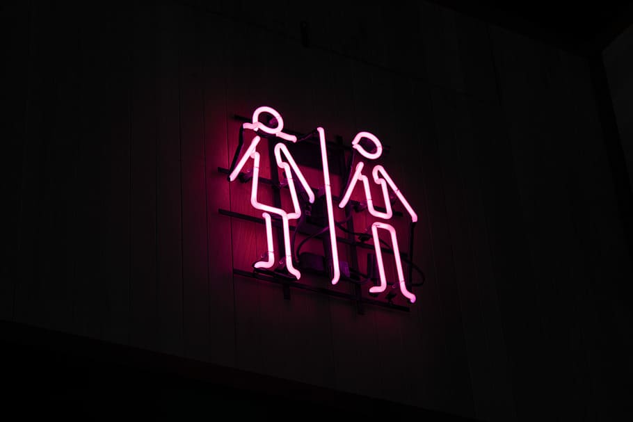 outdoors, illuminated, restroom sign, no people