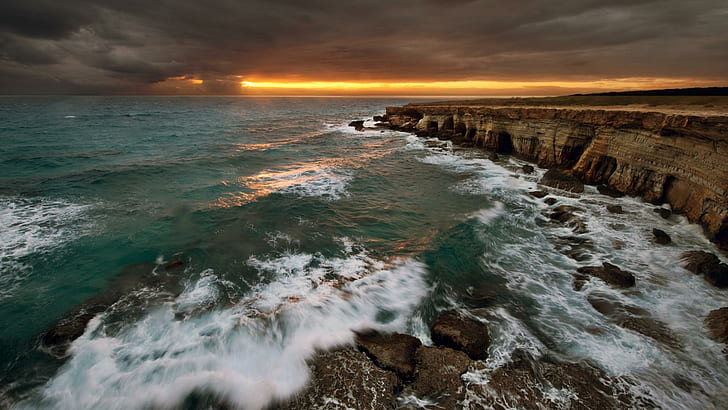 Windy Nature, stormy, sea, sunset, sky Free HD Wallpaper