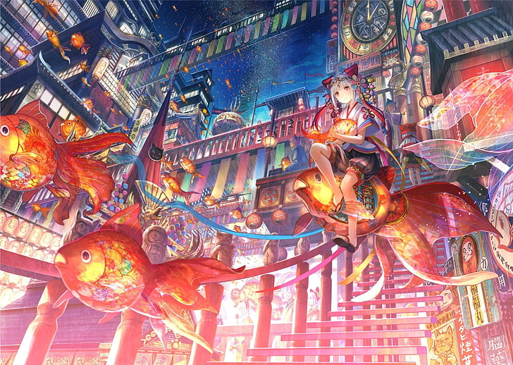 Anime Fish, steampunk, multi colored, chinese new year, looking away Free HD Wallpaper