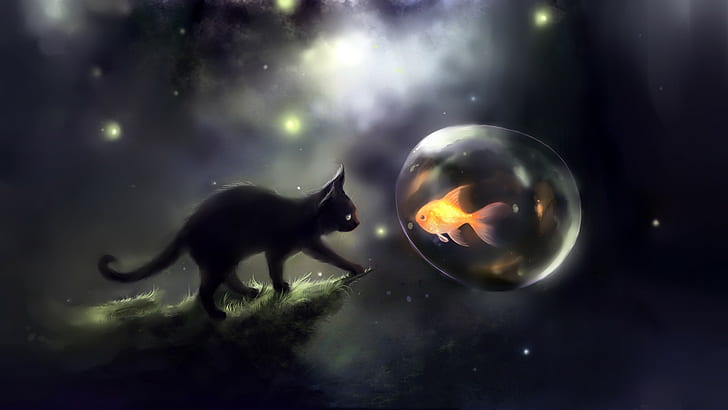 Black Cat 3D, fantasy art, apofiss, fish, kittens Free HD Wallpaper