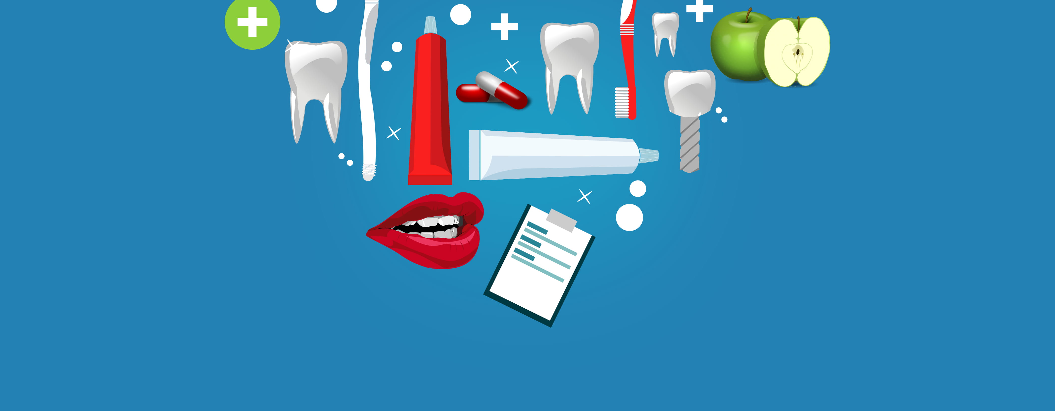 Dental, medicine, illustration, blue background, large group of objects
