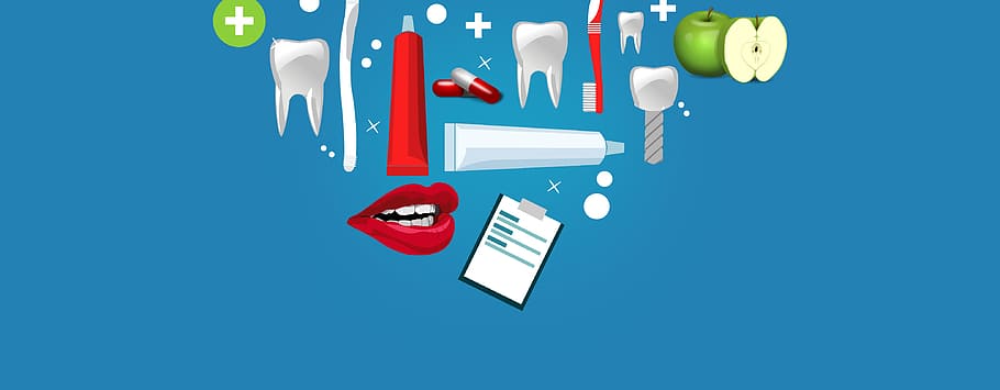 Dental, medicine, illustration, blue background, large group of objects Free HD Wallpaper