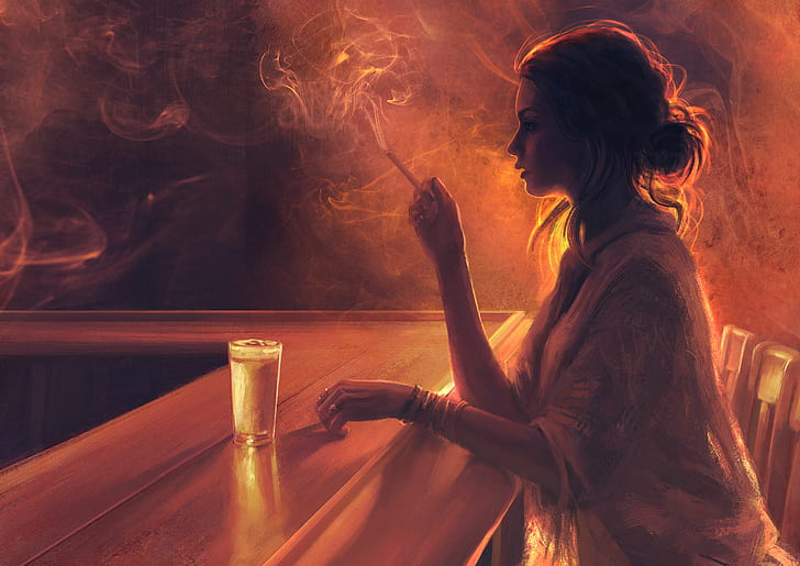 Hippie Smoking Girl Art, smoke, painting, glass, cigarettes Free HD Wallpaper