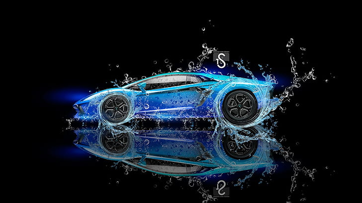 Neon Blue Car, creative, aventador, lamborghini, Lamborghini Free HD Wallpaper