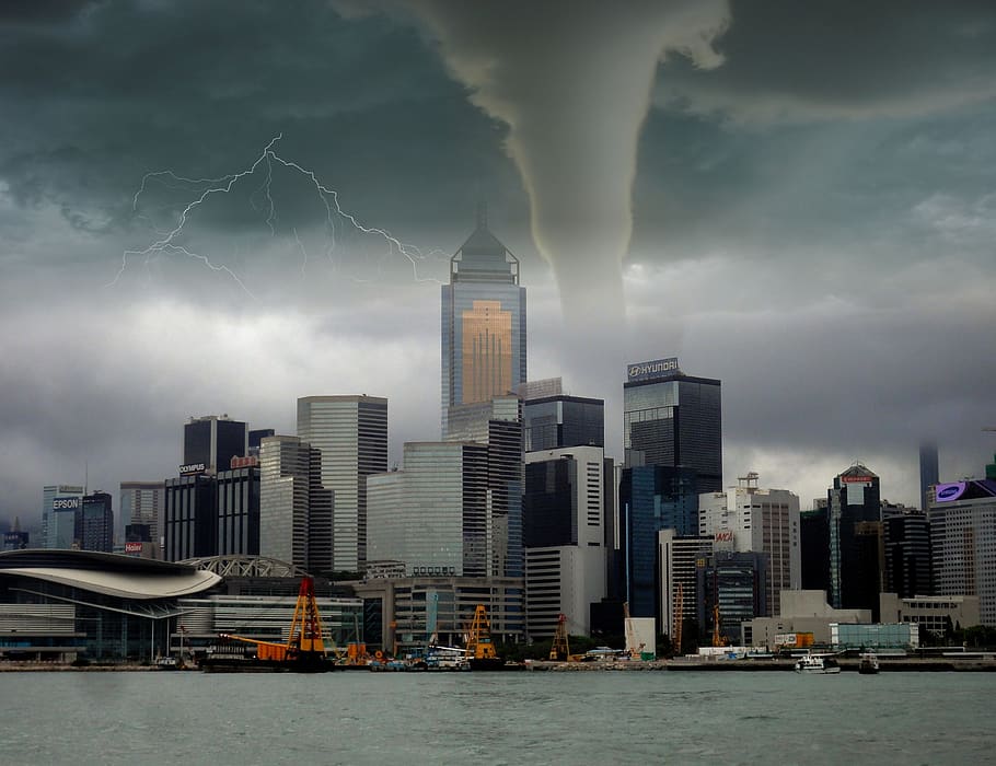 office building exterior, thunderstorm, stormy sky, cityscape Free HD Wallpaper