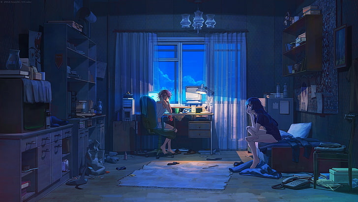 Otaku Girls Room, men, comfortable, floor, people