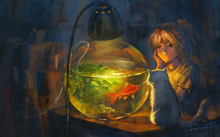 Round Fish Bowl, drawing, goldfish, tank, digitalartwork Free HD Wallpaper