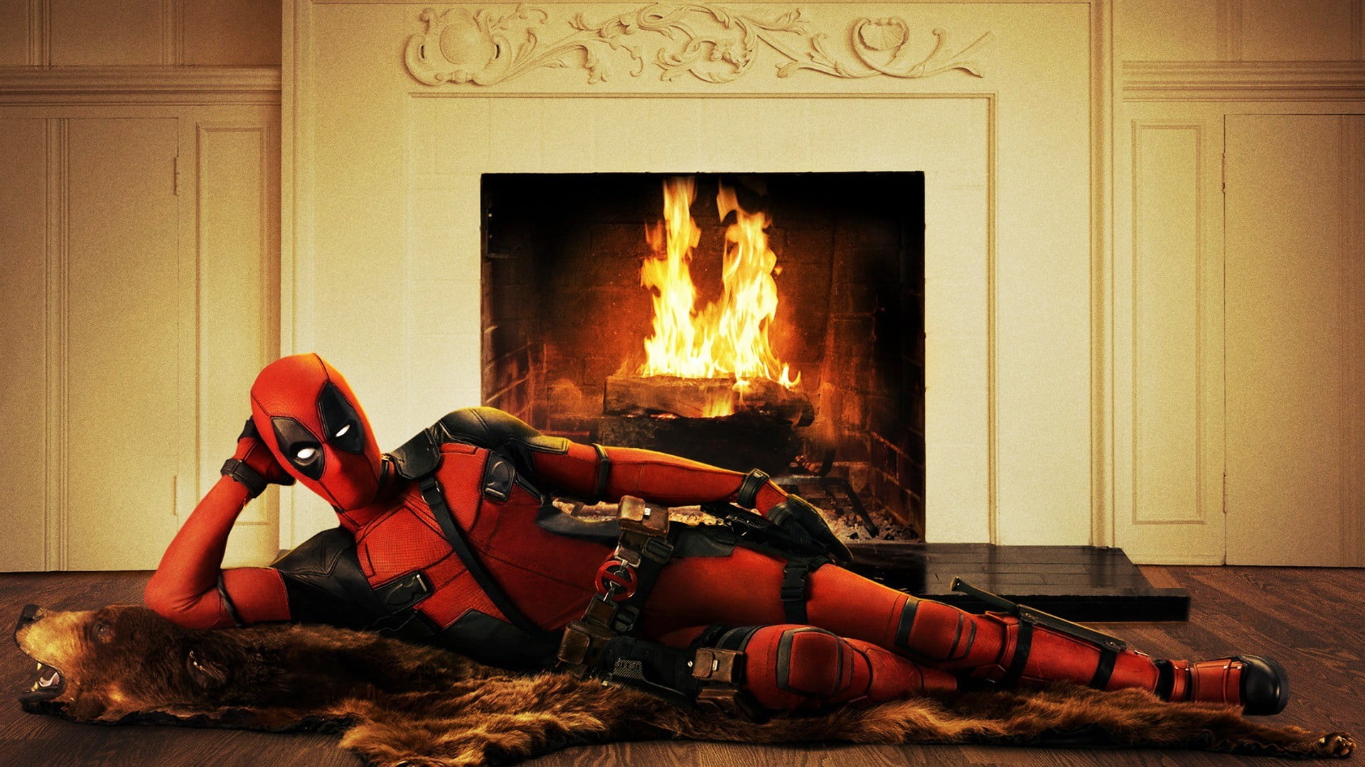 Ryan Reynolds in Deadpool Suit, fire natural phenomenon, deadpool, furniture, house