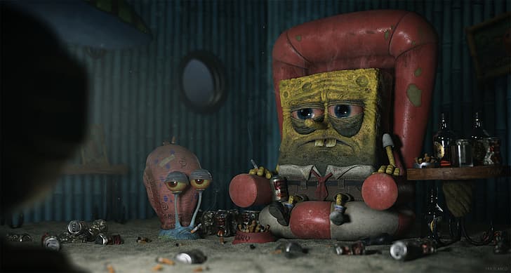 Spongebob Characters, spongebob, yan blanco, cigarettes, chair Free HD Wallpaper