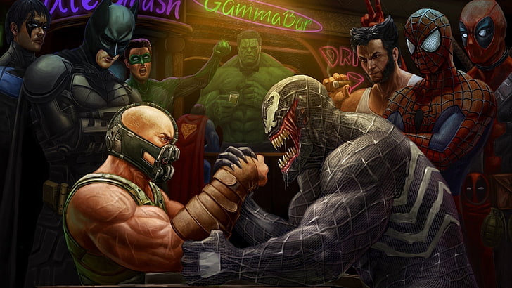 Venom vs Joker, males, bane, wolverine, indoors Free HD Wallpaper